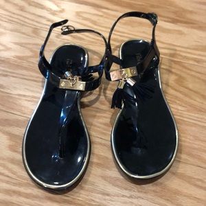 Fibi &Clo black jelly sandals,  tassels/gold trim